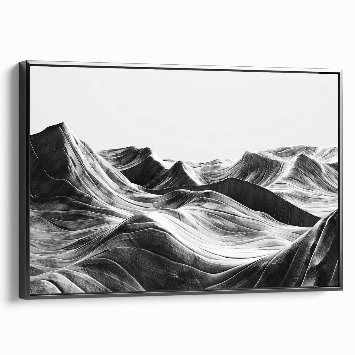 Framed canvas wall art showcasing a serene valley landscape design, featuring rich greens and blues, beautifully presented in a sleek black frame for modern decor.