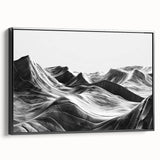 Framed canvas wall art showcasing a serene valley landscape design, featuring rich greens and blues, beautifully presented in a sleek black frame for modern decor.