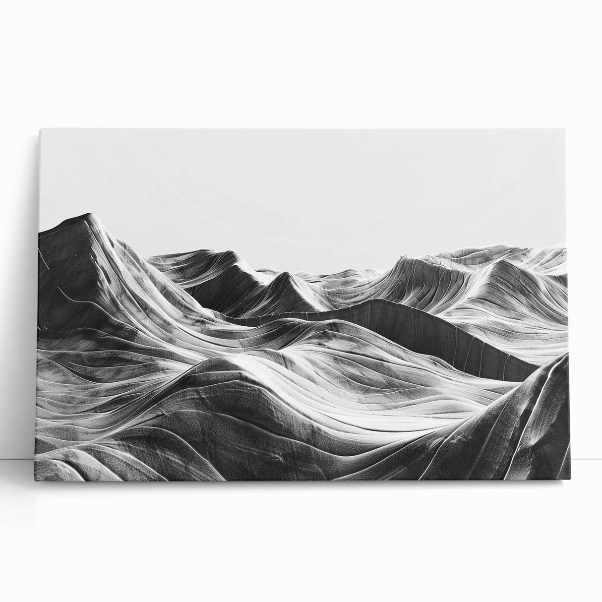 Stretched canvas wall art showcasing a vibrant landscape design of a serene valley, leaning against a neutral wall, ideal for home decor and interior styling.