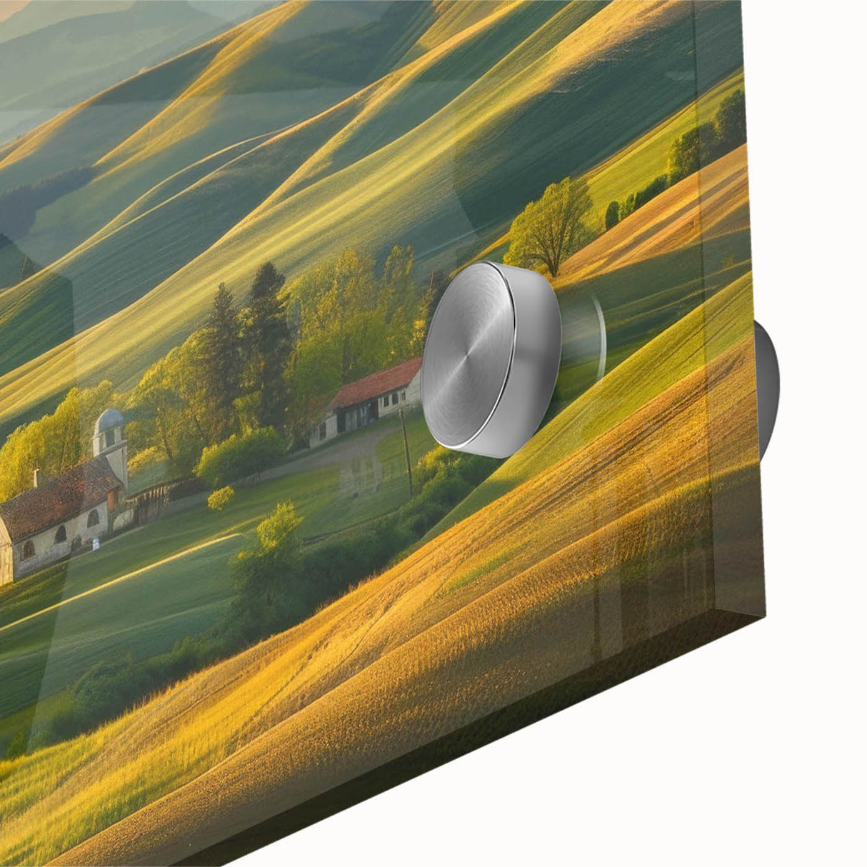 Close-up view of a stunning acrylic glass wall art piece showcasing a vibrant valley landscape design, perfect for modern home decor, highlighting rich colors and intricate details.