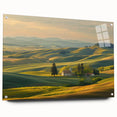 Acrylic glass wall art piece showcasing a vibrant landscape of a valley, presented in an elegant side view with decorative pins, enhancing its modern aesthetic.
