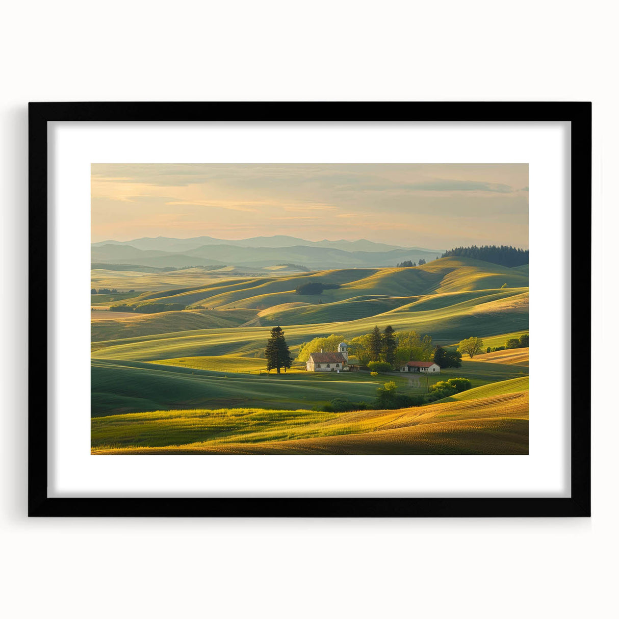 Framed black wall art featuring a serene landscape design of a valley, showcasing vibrant colors and intricate details, ideal for home or office decor.
