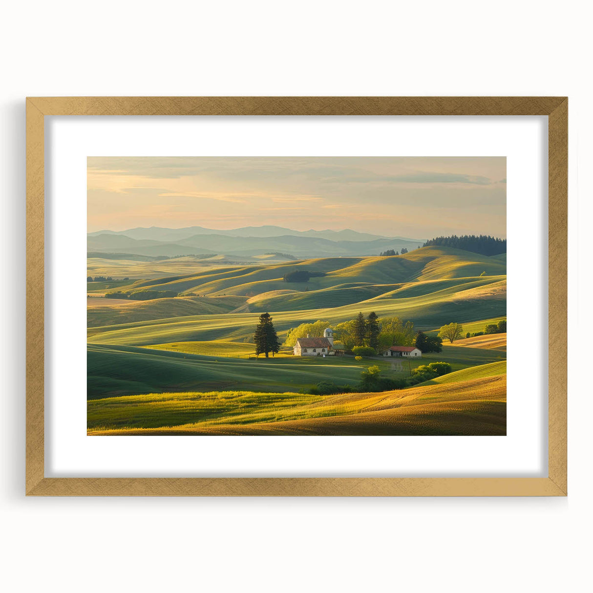 Framed wall art showcasing a serene valley landscape design with gold accents, perfect for enhancing home decor. Ideal for nature lovers and art enthusiasts.