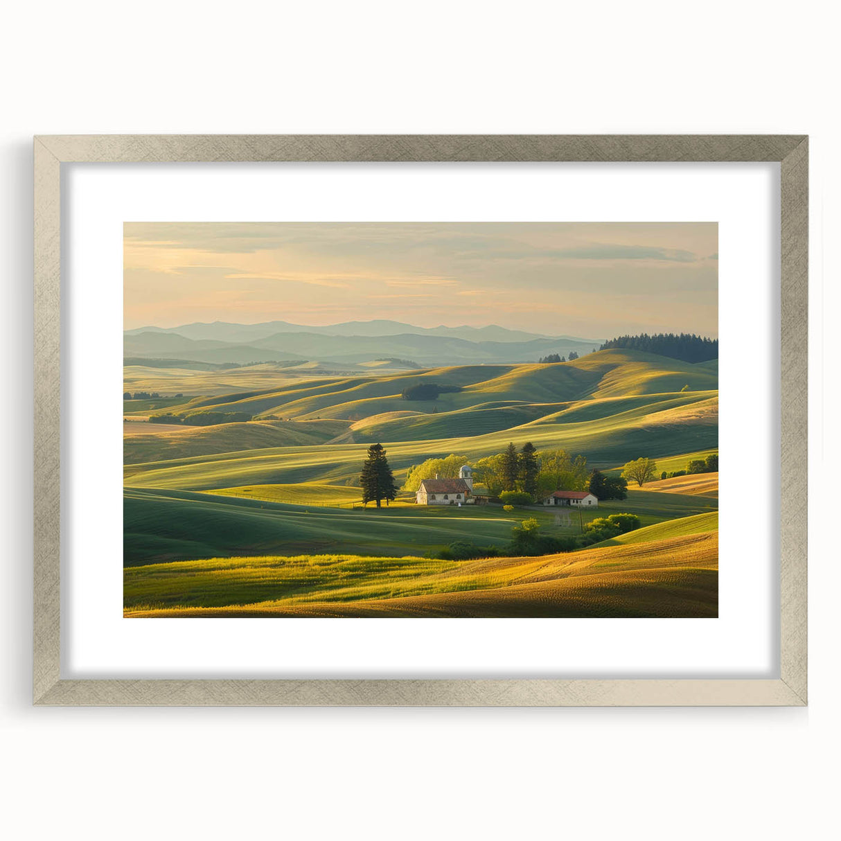 Framed wall art showcasing a serene valley landscape in silver, featuring a mat border for added elegance. Ideal for enhancing home decor with nature-inspired aesthetics.