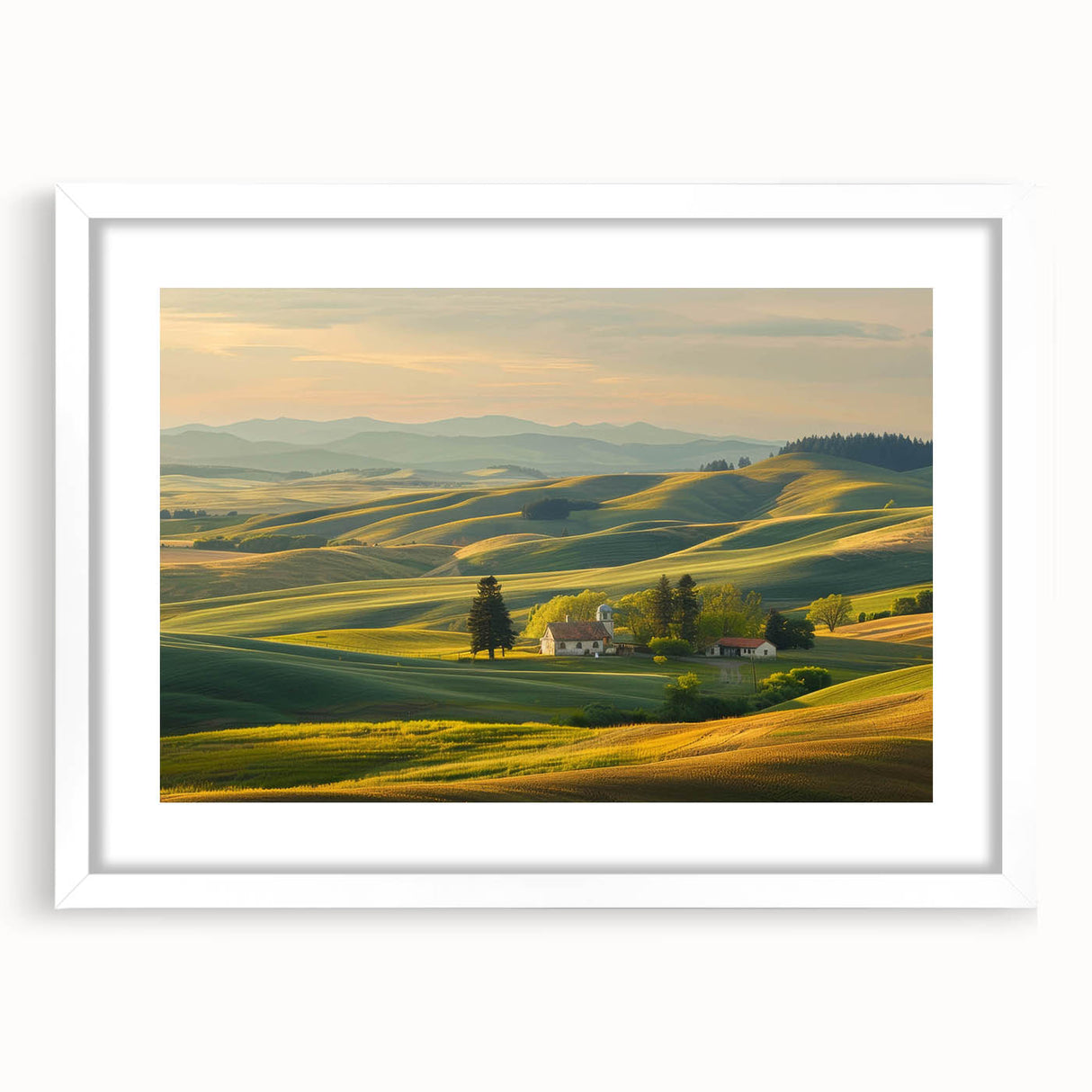 Framed wall art depicting a serene valley landscape with vibrant colors, featuring a white mat and sleek frame, perfect for modern home decor.