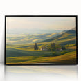 Framed acrylic wall art showcasing a serene valley landscape design with rich greens and blues, featuring a sleek black frame, perfect for home decor.