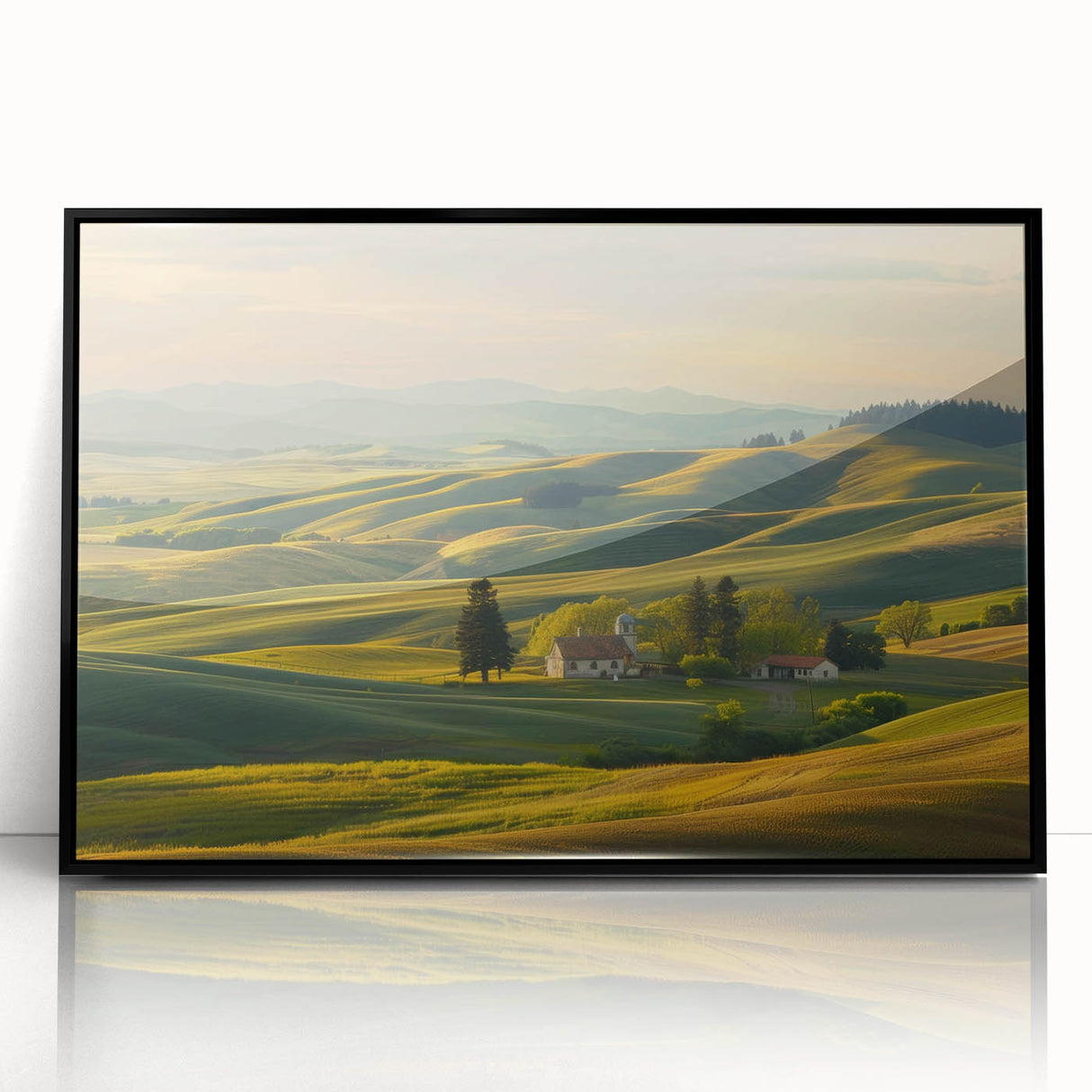 Framed acrylic wall art showcasing a serene valley landscape design with rich greens and blues, featuring a sleek black frame, perfect for home decor.
