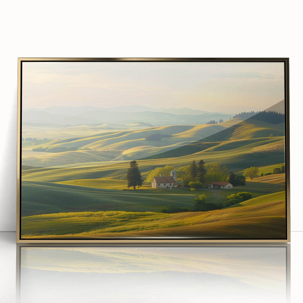 Framed acrylic wall art showcasing a serene valley landscape design, featuring rich gold accents, ideal for enhancing modern home decor. Perfect for art enthusiasts.