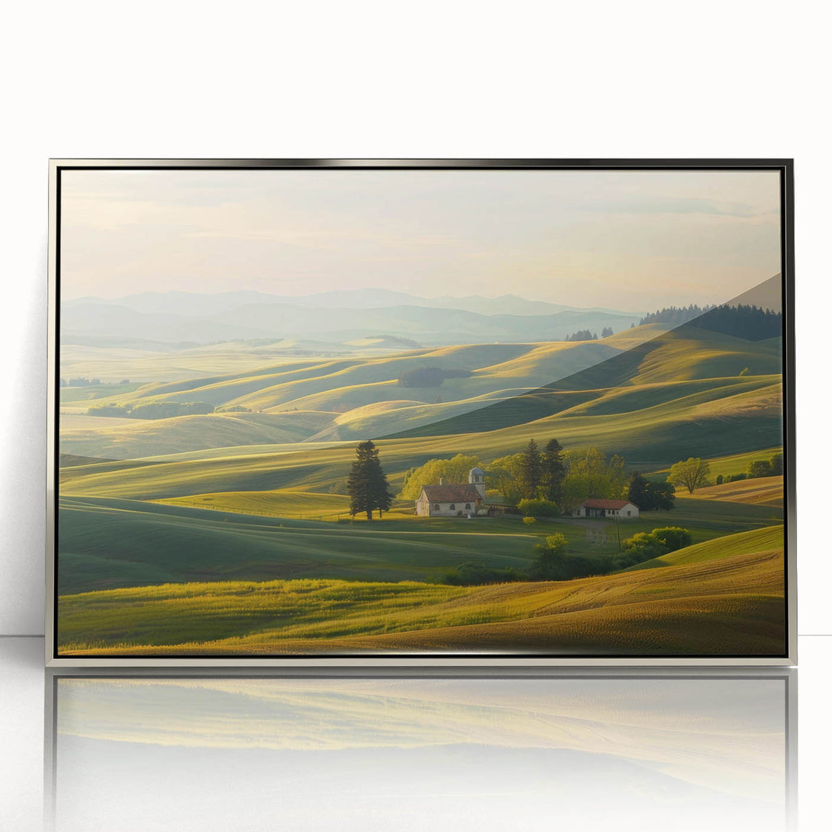 Framed acrylic wall art featuring a stunning valley landscape design with silver accents, ideal for modern home decor, showcasing natural beauty and elegance.