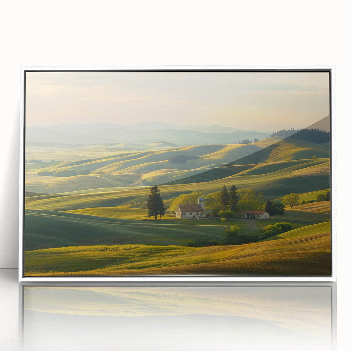 Framed acrylic wall art showcasing a vibrant valley landscape design, featuring rich colors and intricate details, presented in a sleek white frame for modern decor.