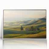 Framed acrylic wall art showcasing a vibrant valley landscape design, featuring rich colors and intricate details, presented in a sleek white frame for modern decor.
