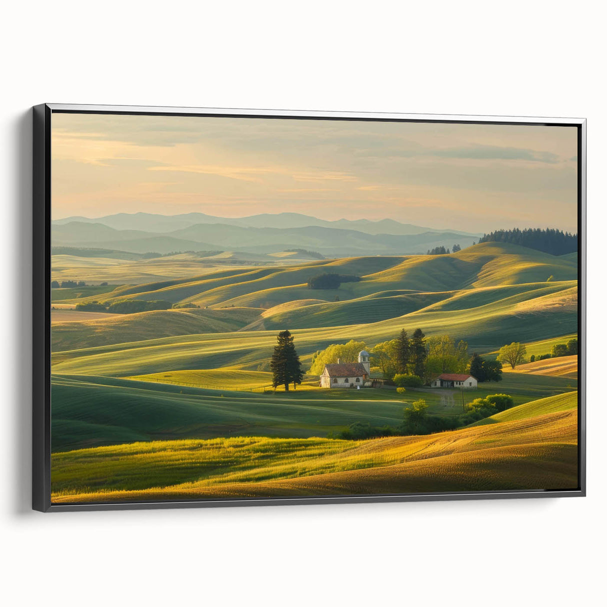 Framed canvas wall art featuring a serene valley landscape design with vibrant colors and a sleek black frame, ideal for enhancing home decor and creating a calming atmosphere.