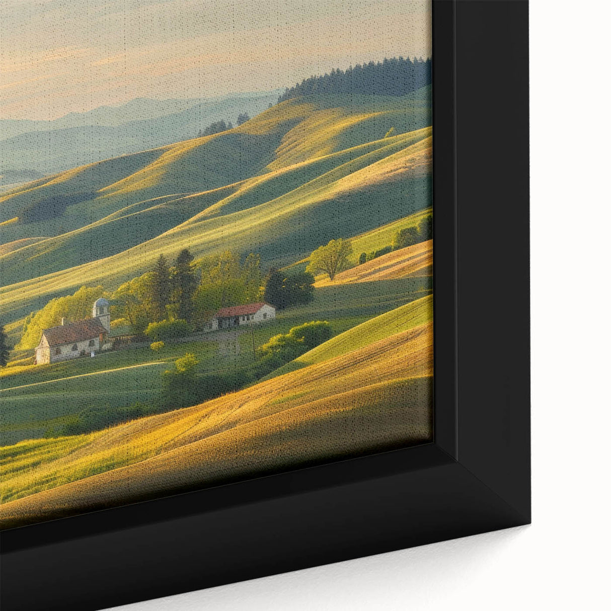Framed canvas close-up showcasing a vibrant landscape valley design featuring rich greens and blues, ideal for enhancing home decor with nature-inspired art.