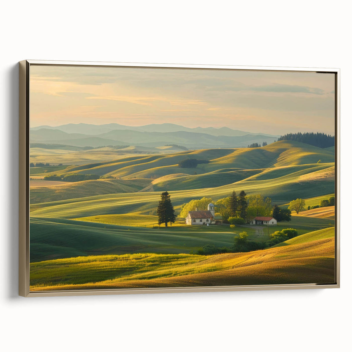 Framed canvas wall art showcasing a serene valley landscape design with gold accents, perfect for home decor. Ideal for enhancing modern interiors and creating a tranquil atmosphere.