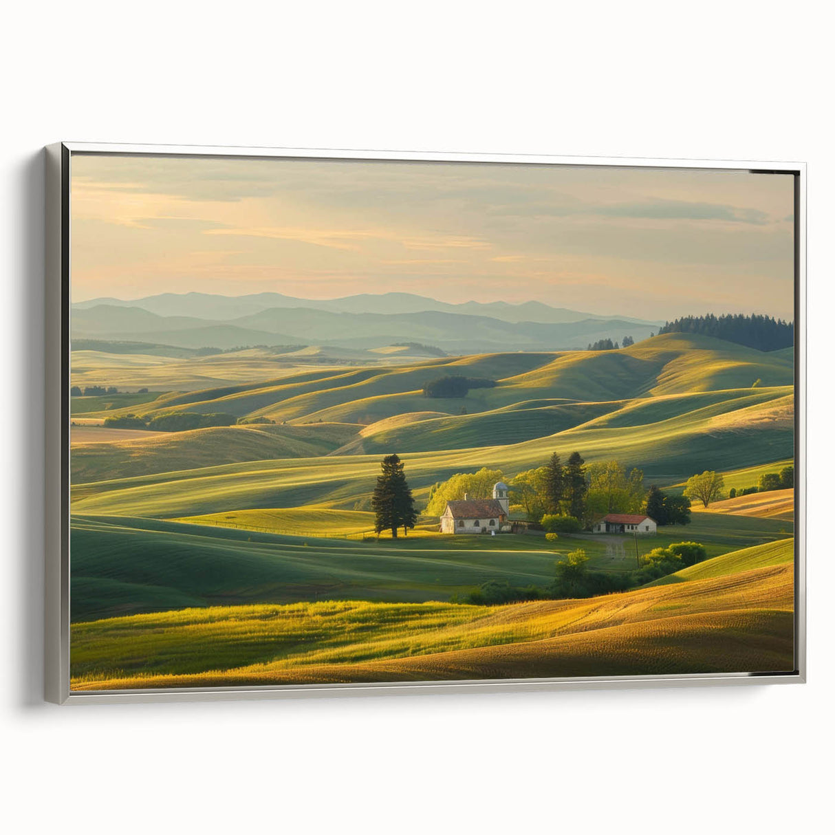 Framed wall art canvas showcasing a serene valley landscape design with silver accents, perfect for modern home decor. Ideal for nature lovers and art enthusiasts.