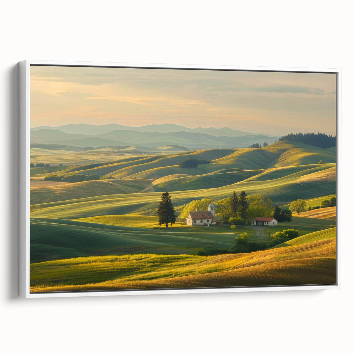 Framed canvas wall art showcasing a serene valley landscape in muted tones, with a white frame providing an elegant touch, ideal for home decor.