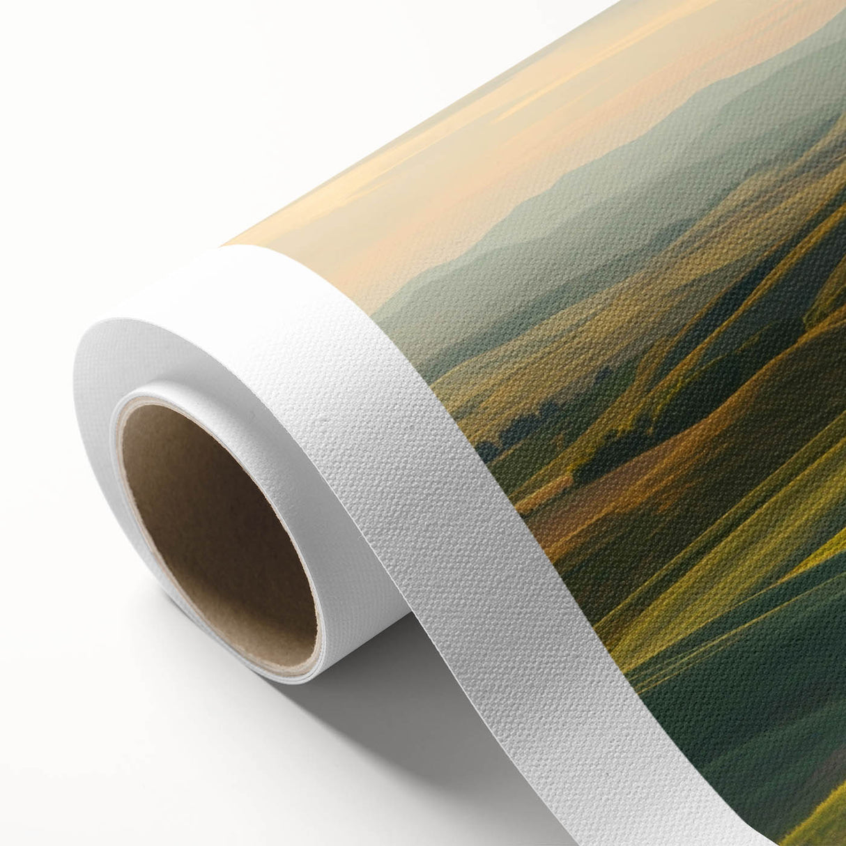 Rolled canvas showcasing a vibrant landscape design with lush valleys and mountains, ideal for home decor, carefully packaged in a protective tube for safe delivery.