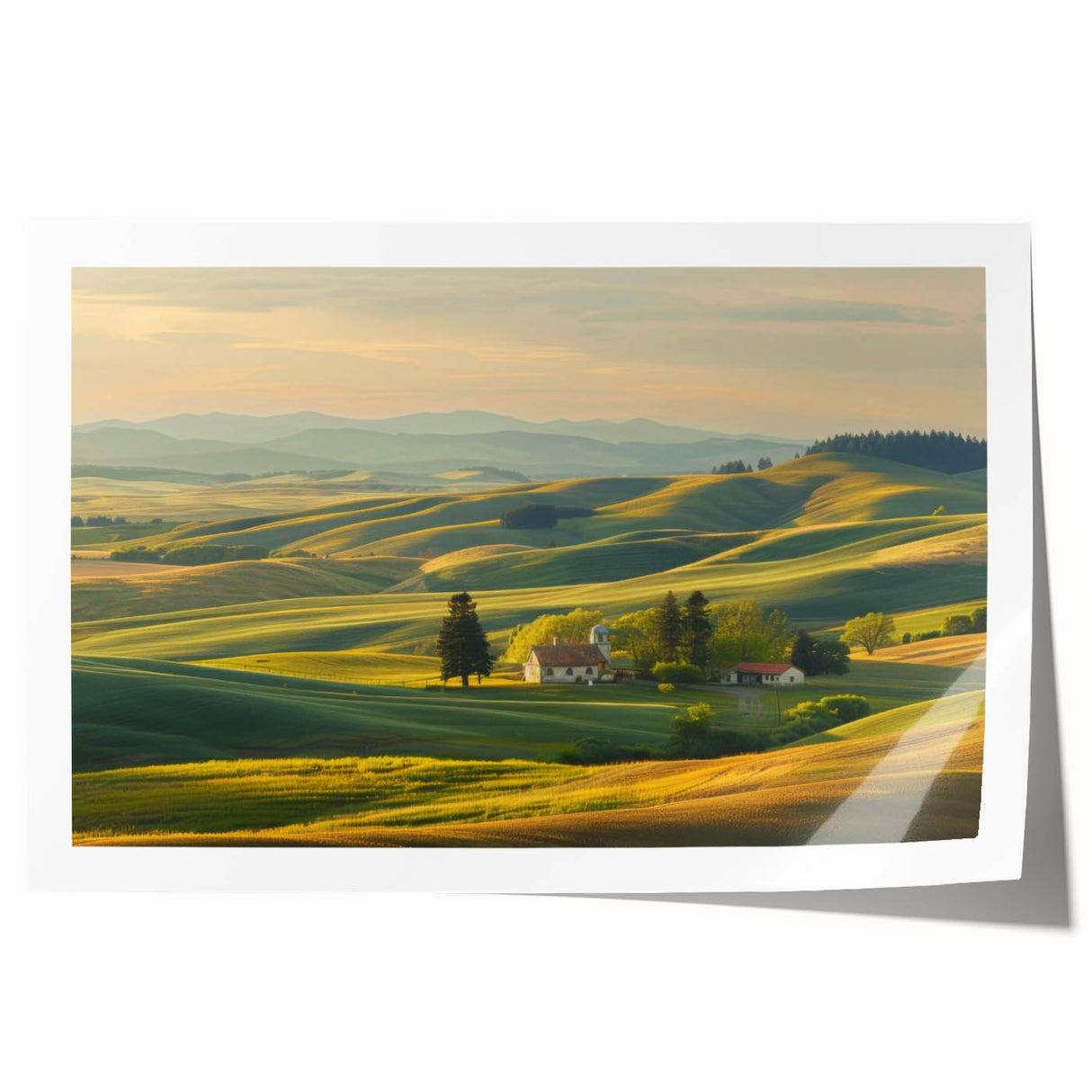 Serene landscape wall art print showcasing a vibrant valley scene with lush greenery and a clear blue sky, rolled for easy storage and display. Ideal for enhancing home decor.