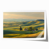 Serene landscape wall art print showcasing a vibrant valley scene with lush greenery and a clear blue sky, rolled for easy storage and display. Ideal for enhancing home decor.