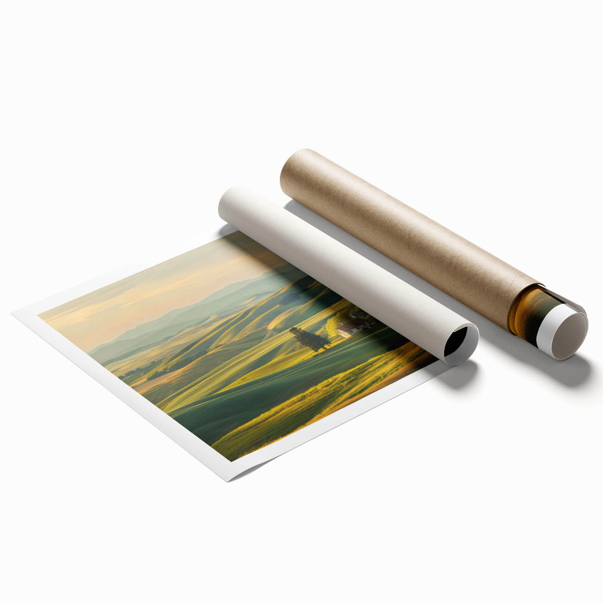 Rolled print of a vibrant valley landscape wall art design, showcasing rich colors and detailed textures, ideal for home decor, packaged securely in a protective tube.