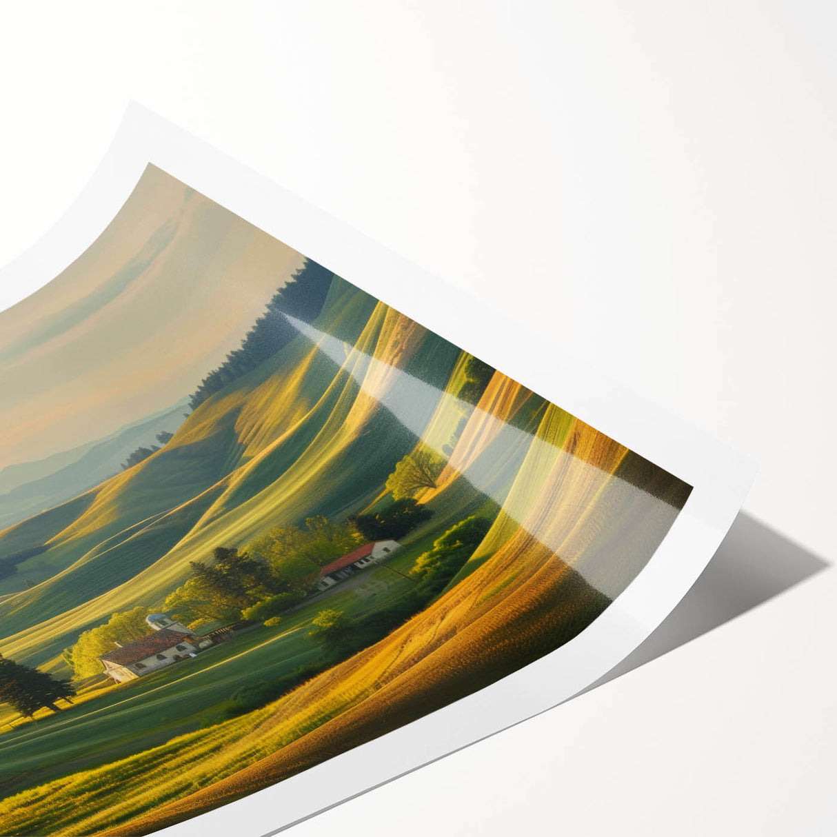 Stunning rolled print of a serene valley landscape with lush greenery and soft pastel colors, ideal for home decor or artistic display, securely packaged in a cardboard tube.