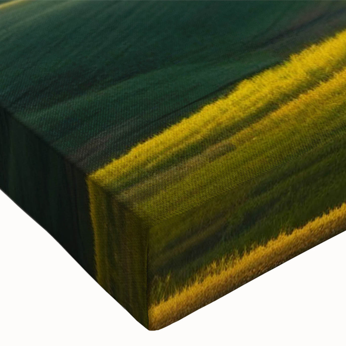 Close-up of a stretched canvas print showcasing a vibrant valley landscape design, featuring rich green hues and intricate details, perfect for modern home decor.
