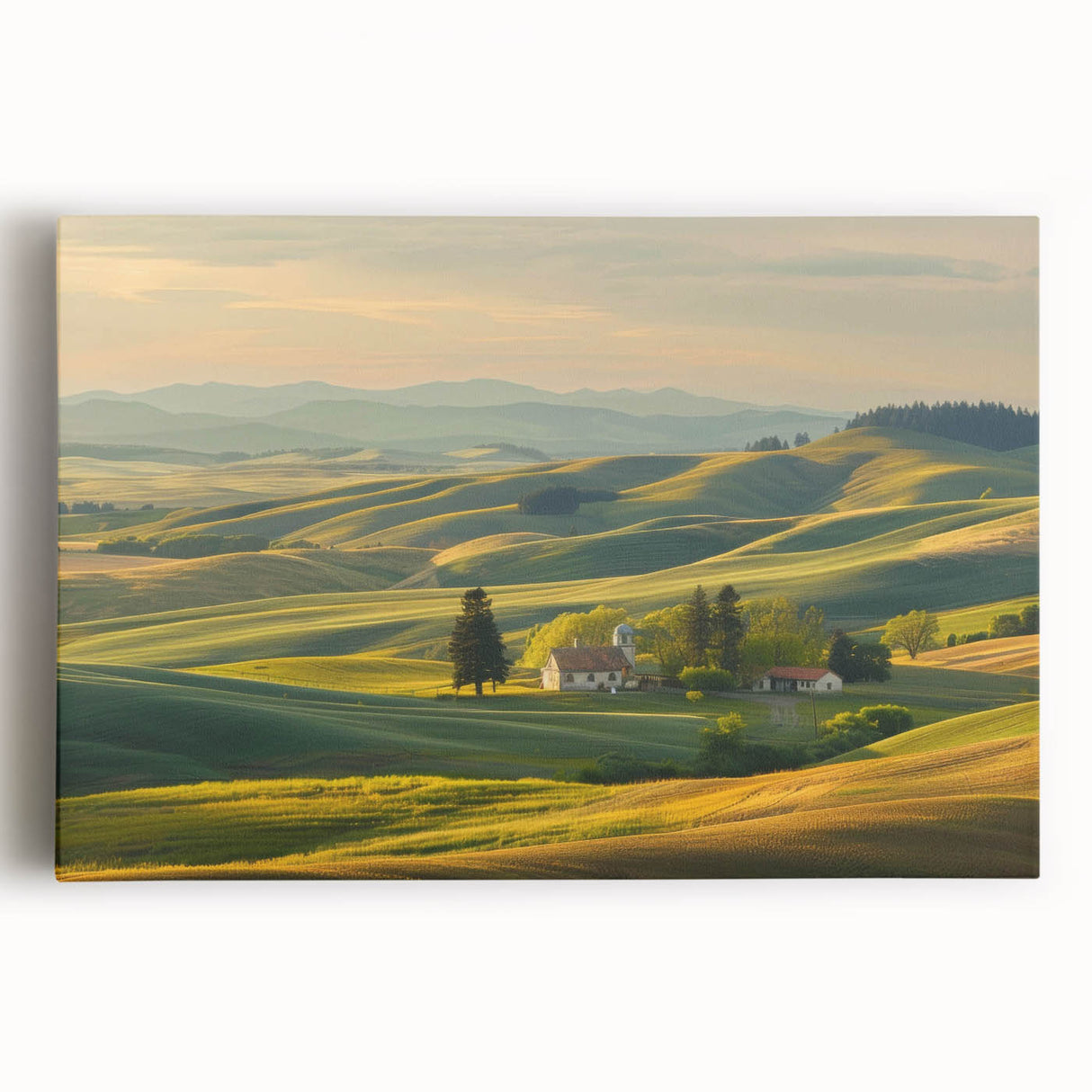 Vibrant stretched canvas wall art showcasing a serene valley landscape with lush greenery and a clear blue sky, perfect for home decor or office spaces.