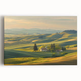 Vibrant stretched canvas wall art showcasing a serene valley landscape with lush greenery and a clear blue sky, perfect for home decor or office spaces.