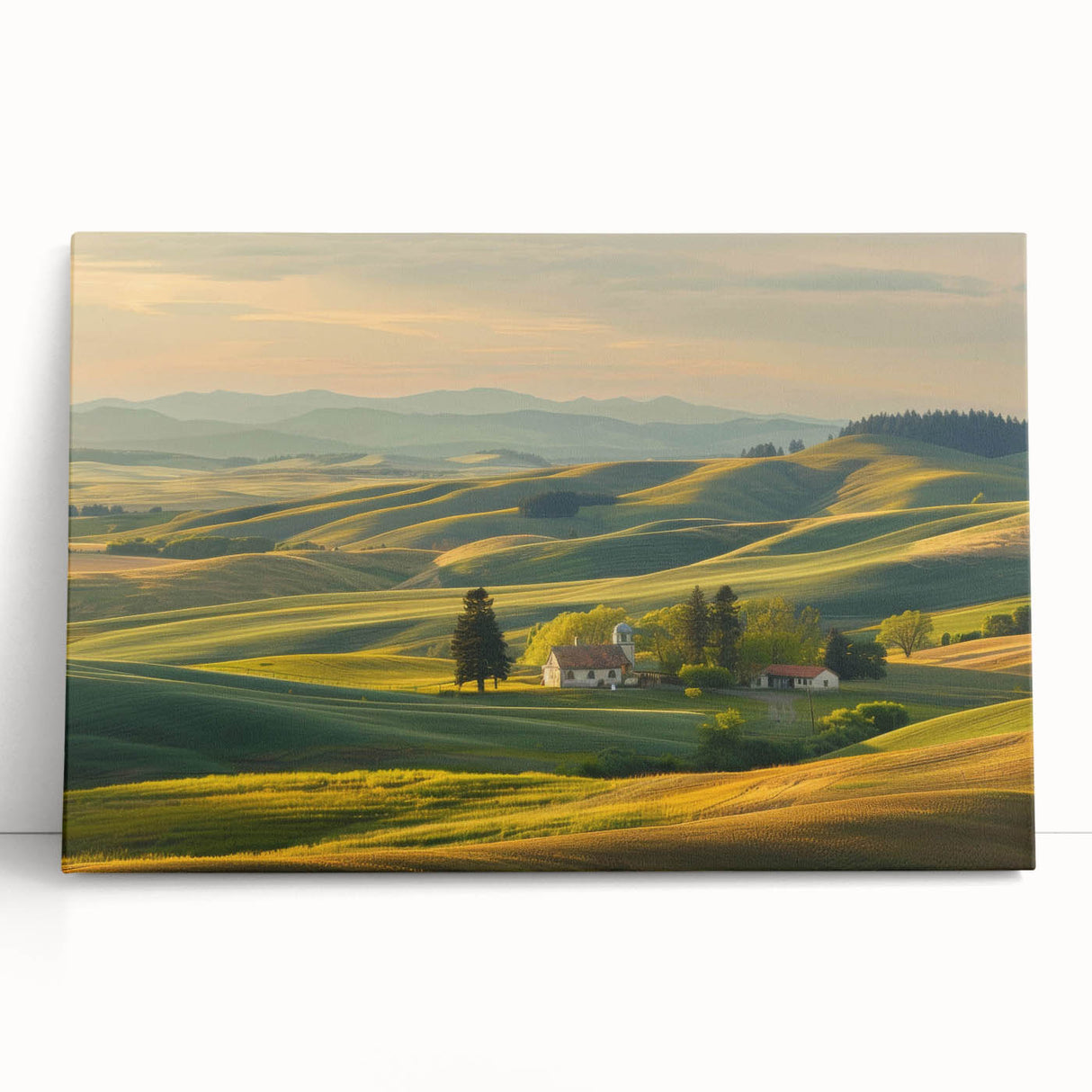 Stretched canvas wall art depicting a picturesque valley landscape with vibrant colors, perfect for home decor, showcasing nature’s beauty and tranquility.