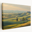 Stretched canvas wall art showcasing a serene valley landscape design with vibrant green hills and a clear blue sky, ideal for home decor and nature enthusiasts.