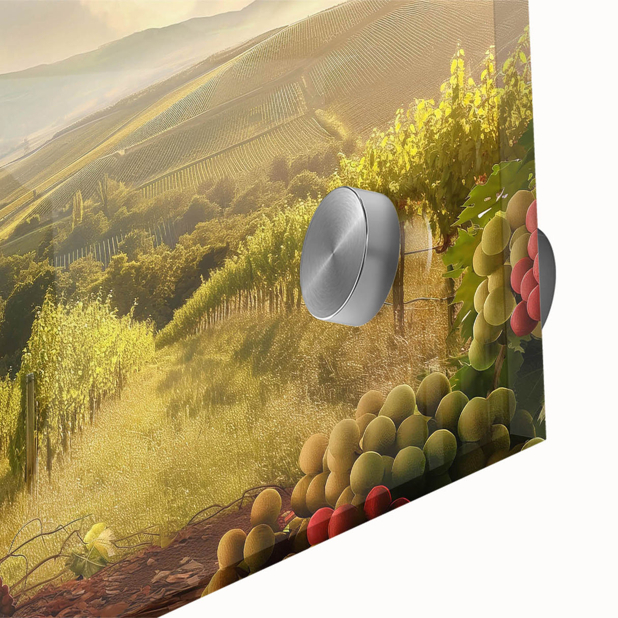 Close-up of a vibrant acrylic glass wall art piece showcasing a serene valley landscape design with rich colors and intricate details, ideal for home decor.