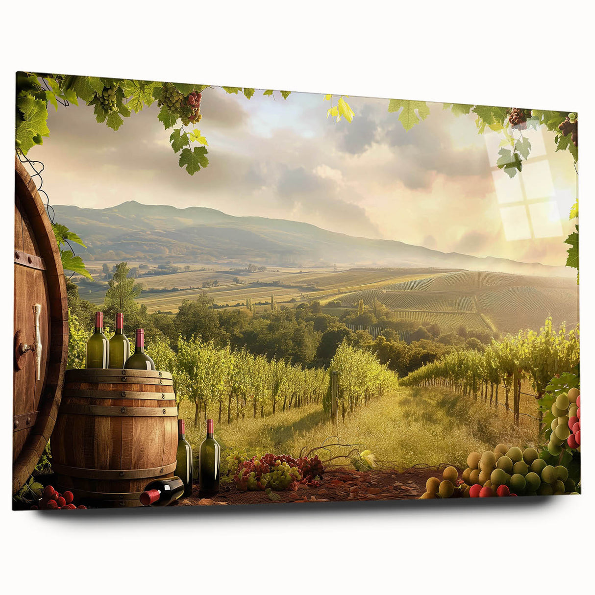 Stunning landscape wall art featuring a vibrant valley scene, presented in acrylic glass with a sleek side profile, perfect for modern home decor.