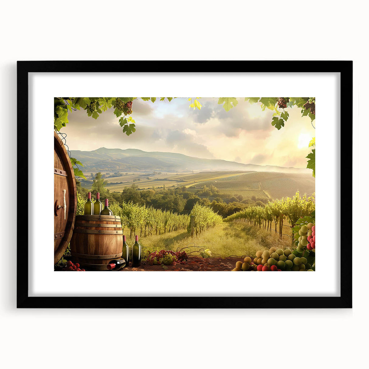Framed wall art featuring a serene landscape design of a valley, with a black frame and matting, ideal for enhancing home decor. Perfect for nature lovers.