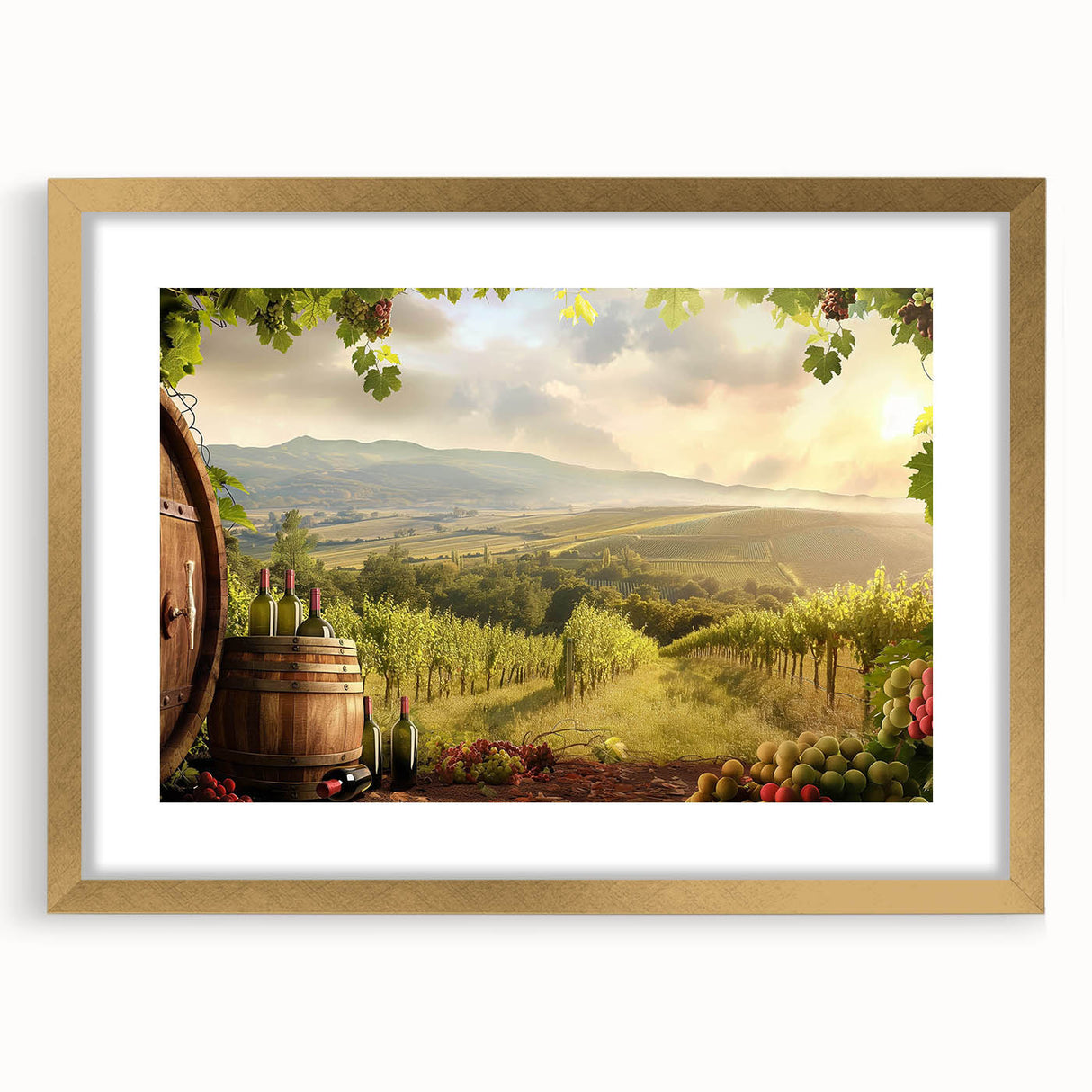 Framed wall art collection showcasing a tranquil valley landscape design with a gold mat and frame, ideal for enhancing home decor and creating a serene atmosphere.