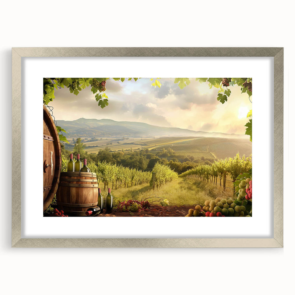 Silver-framed wall art featuring a serene valley landscape design with a mat, showcasing soft colors and intricate details, perfect for home decor.