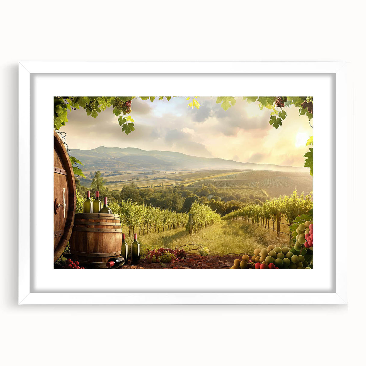 Framed wall art featuring a serene landscape of a valley, showcasing soft green hills and a clear blue sky, presented in a stylish white frame with a mat.