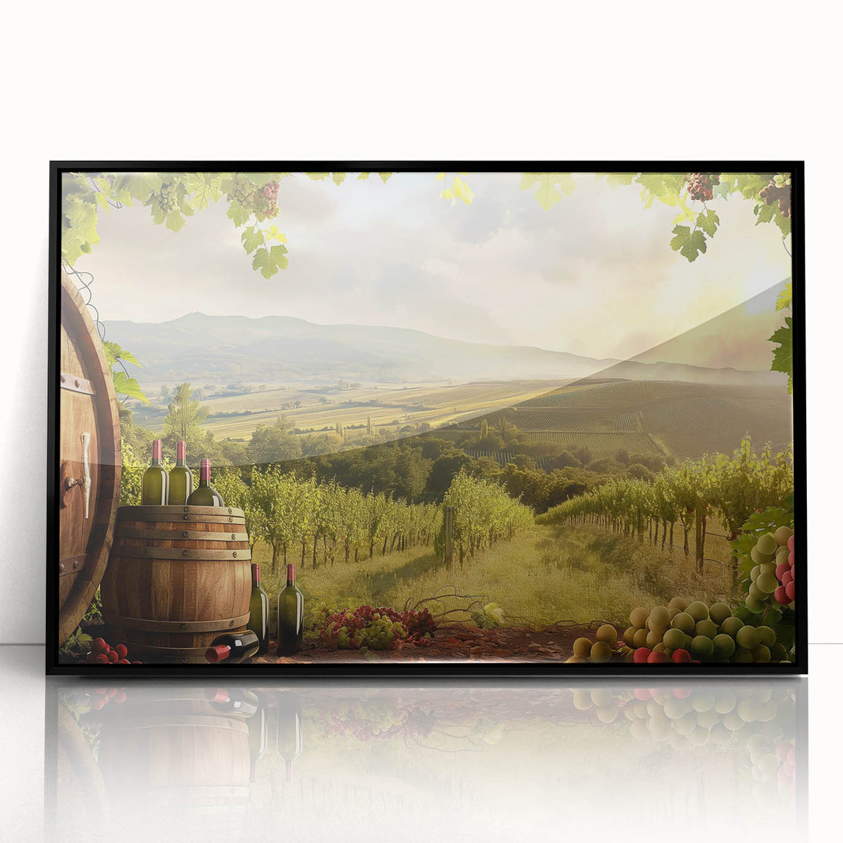 Framed acrylic wall art showcasing a serene valley landscape design with vibrant colors, featuring a black frame and modern aesthetic, perfect for home decor.