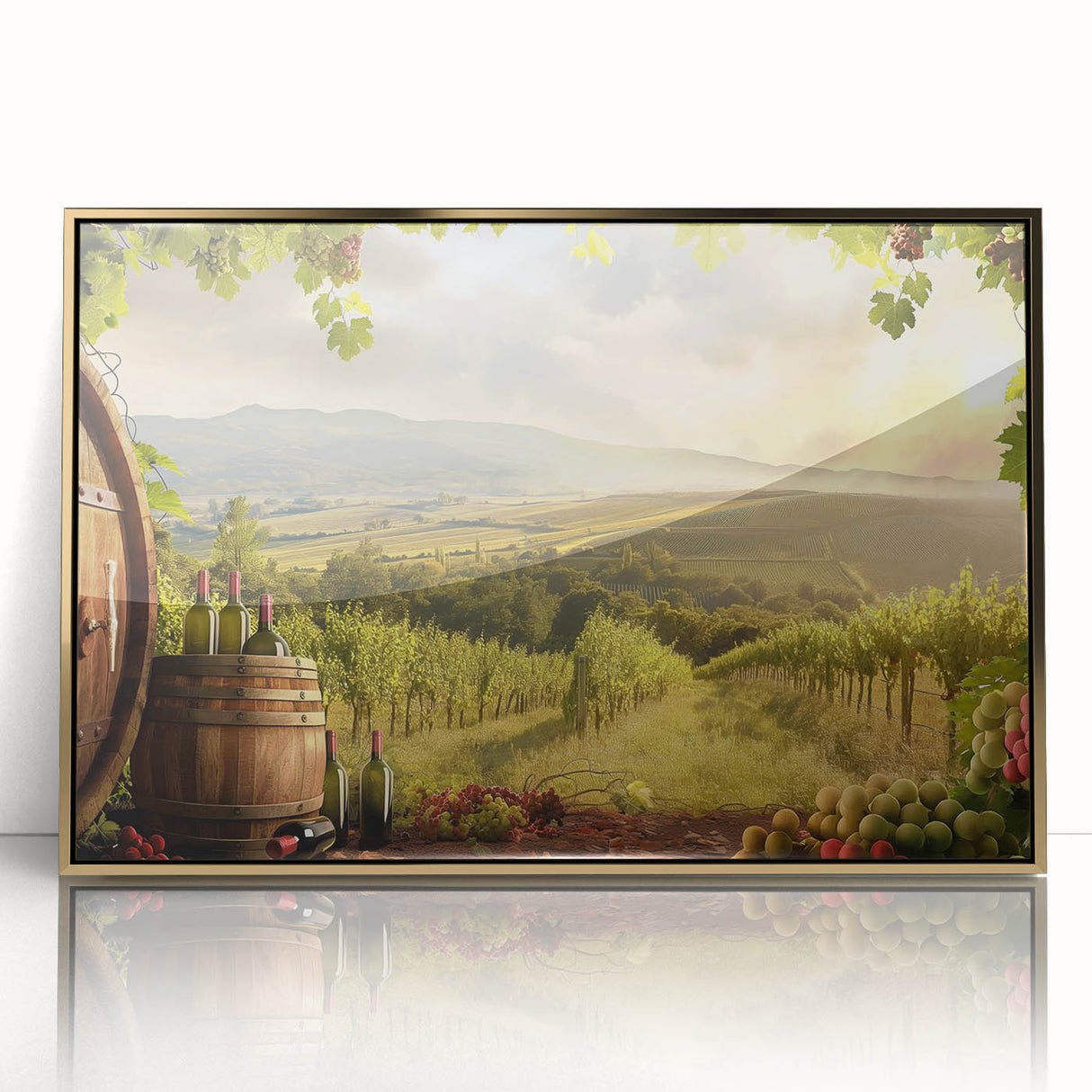 Framed acrylic wall art showcasing a vibrant valley landscape design, featuring gold accents and a sleek modern frame, perfect for enhancing home decor.