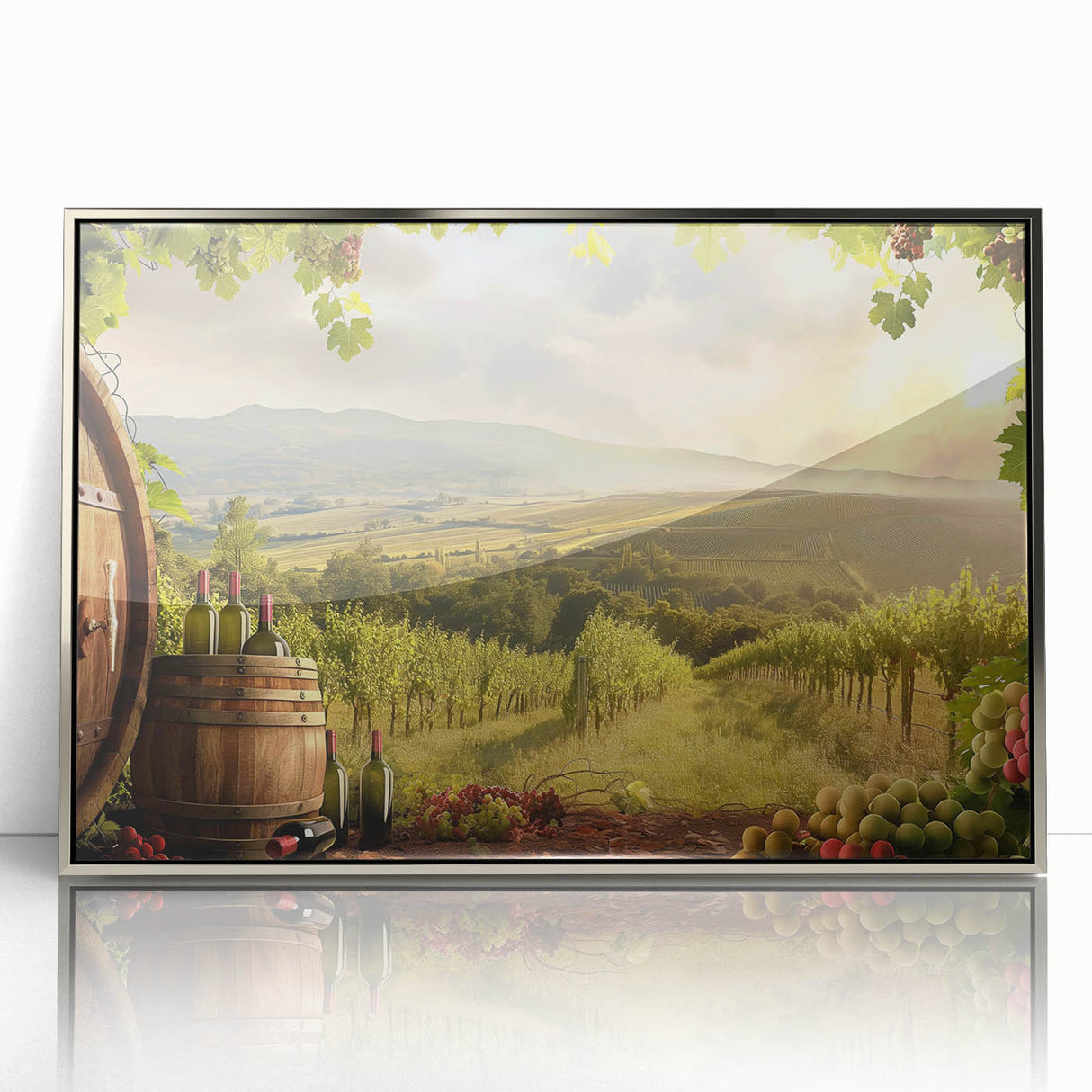 Framed acrylic wall art showcasing a serene valley landscape design, featuring rich green valleys and vibrant blue skies, perfect for home decor enhancement.