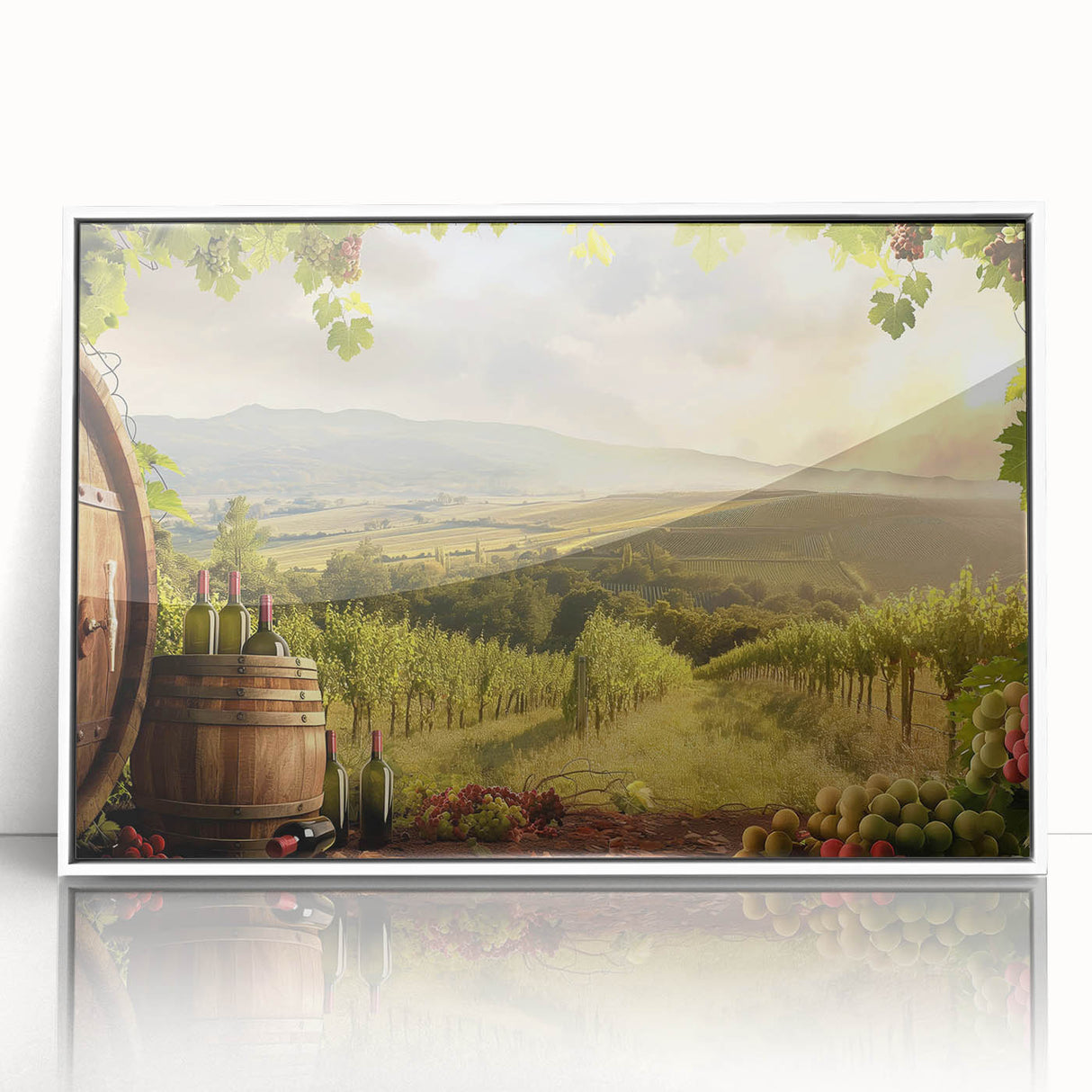Framed wall art showcasing a serene valley landscape design, featuring vibrant colors and a sleek white frame, ideal for enhancing home decor.