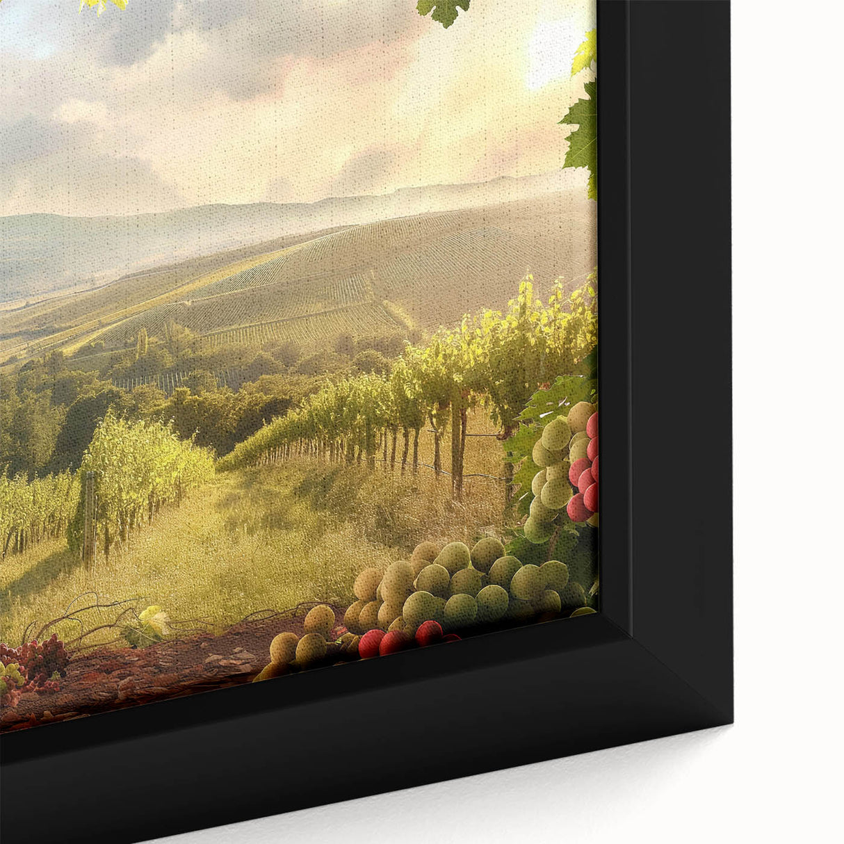 Close-up of a framed canvas wall art piece showcasing a vibrant landscape of a serene valley, featuring lush greenery and a clear blue sky, perfect for home decor.