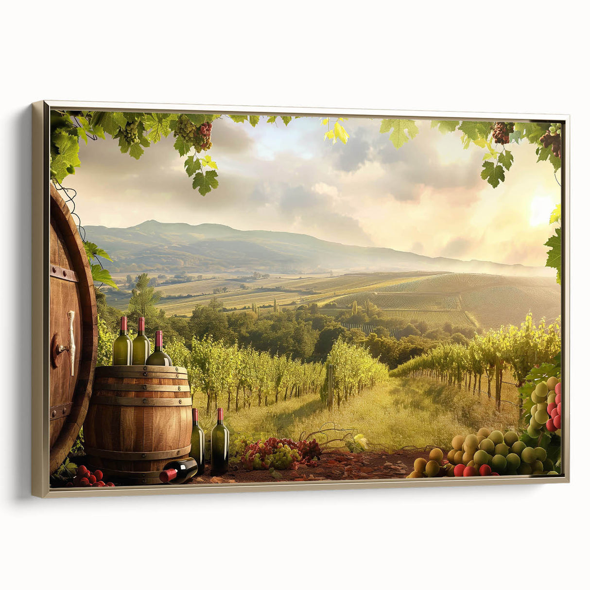 Framed canvas wall art collection showcasing a serene valley landscape with gold accents, ideal for modern home decor. Side view highlights the elegant frame design.