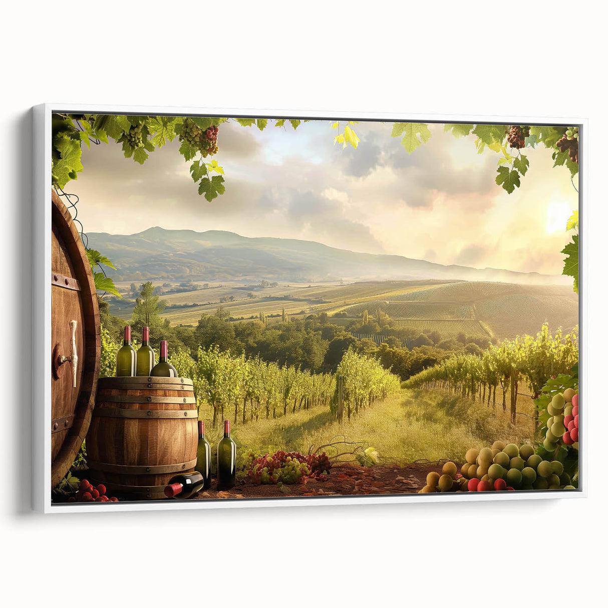 Framed canvas wall art showcasing a serene valley landscape design in soft earth tones, with a white frame providing a modern touch, perfect for home decor.