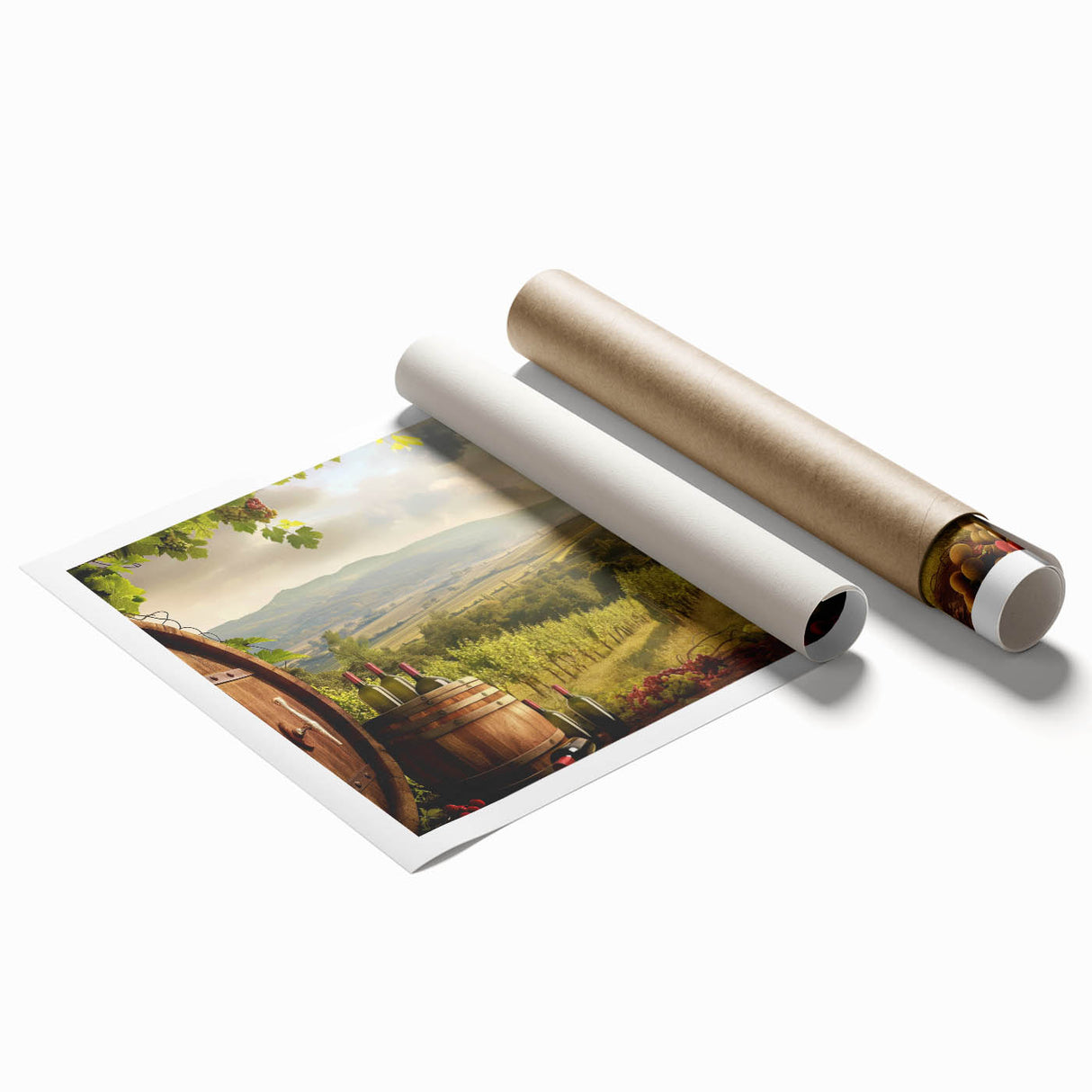 Rolled print showcasing a serene valley landscape design with vibrant colors and intricate details, perfect for home decor and art enthusiasts, packaged securely for delivery.
