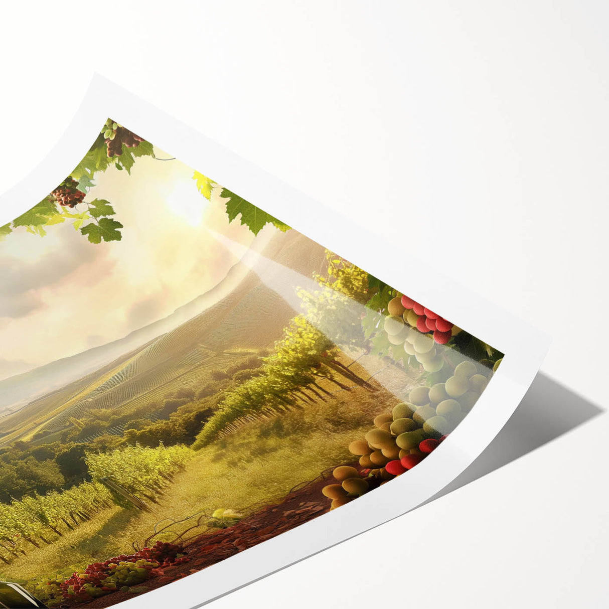 Serene landscape wall art print showcasing a vibrant valley scene with lush greenery and rolling hills, rolled for shipping in protective packaging.