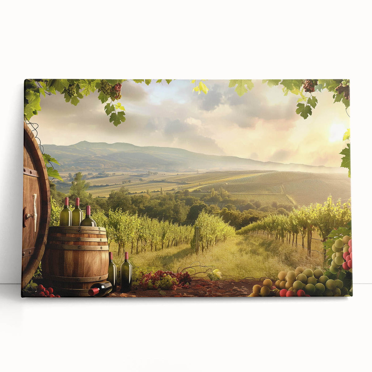 Stretched canvas wall art depicting a serene valley landscape, featuring vibrant greens and blues, ideal for home decor, adding a calming touch to any space.