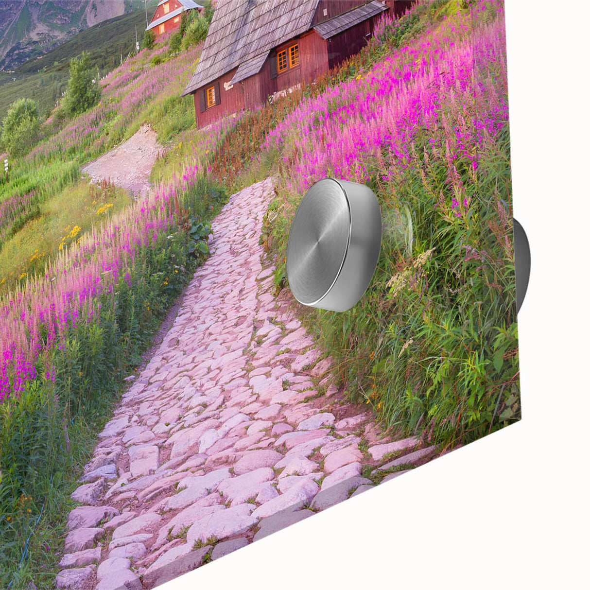 Close-up of a vibrant acrylic glass wall art piece showcasing a serene valley landscape with rich greens and blues, perfect for enhancing modern home decor.