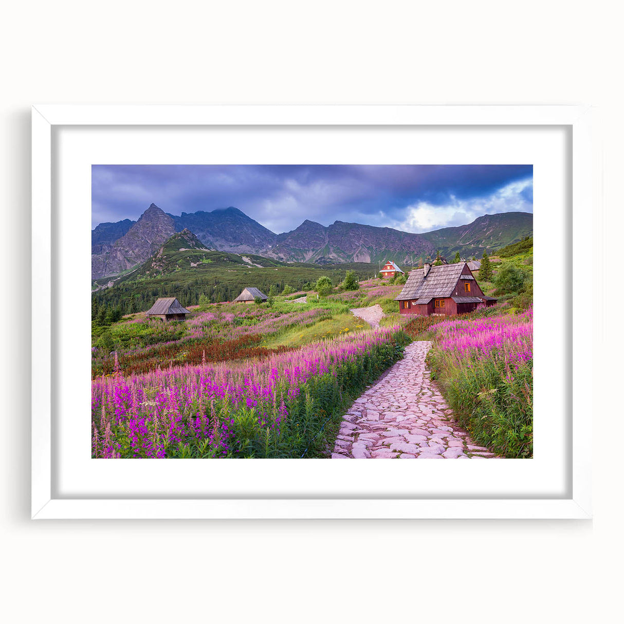 Framed wall art featuring a serene landscape design with a valley view, presented in a white mat and frame, enhancing home decor aesthetics. Ideal for nature enthusiasts seeking tranquility in their living spaces.