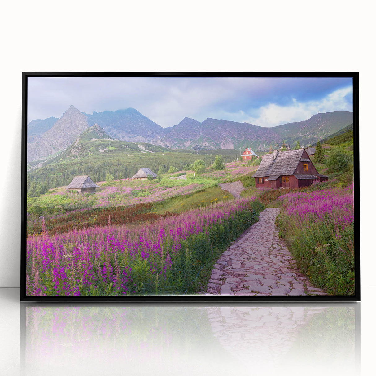 Framed acrylic wall art featuring a serene valley landscape design with rich greens and blues, presented in a sleek black frame, perfect for modern home decor.