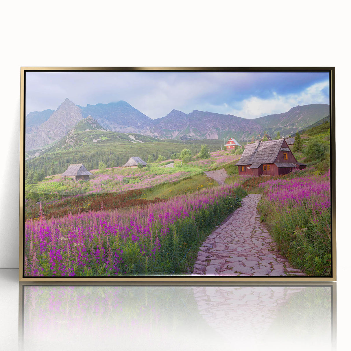 Framed wall art featuring a stunning valley landscape design with acrylic glass front, accented by a gold frame, perfect for home decor enhancement.